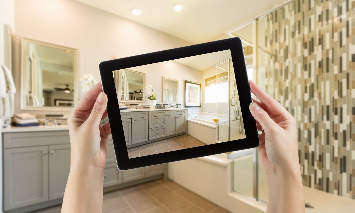 Picture of a bathroom through a tablet camera